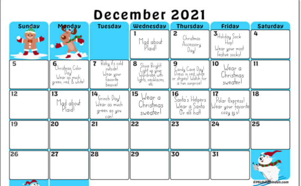 December Calendar Fun Apple Valley Elementary